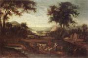 unknow artist, An extensive river landscape with drovers and their animals